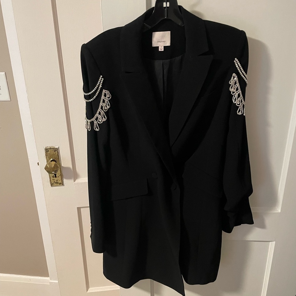 cinq a sept Black Mini Dress Blazer with Rhinestone Shoulder Chains